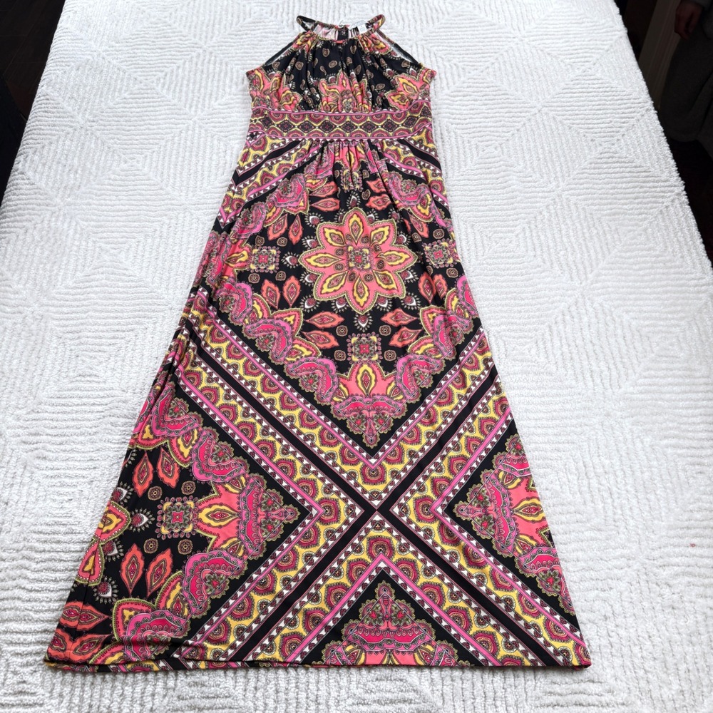 London Style Collection Maxi Dress Women's 8 Pink Paisley Halter Boho Festival